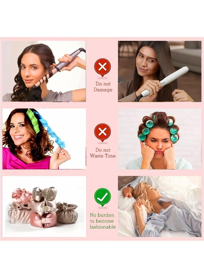 VIUAUAX New Satin Heat-Free Curling Kit with Curling Wand and Hair Cap, Overnight Curler for Long-Lasting Curls，Curling wand for big waves without damaging hair (4 Set, Pink & Beige) - Image 2